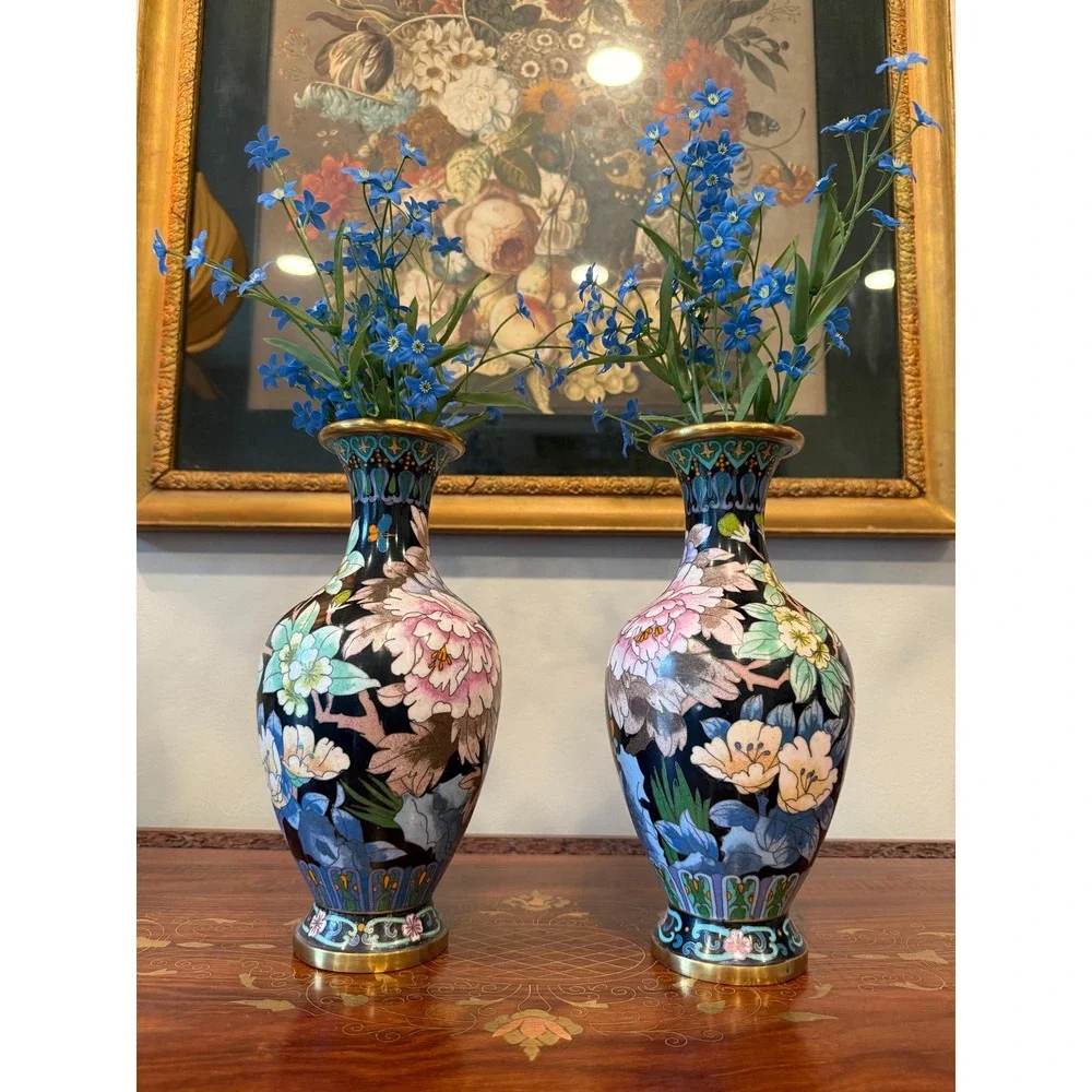 Vintage Cloisonné Peony Vase Pair‎ - 10.25
